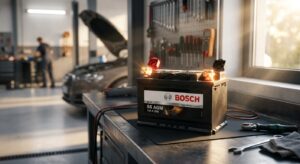 מצבר לרכב מסוג בוש (Bosch) דגם S6 AGM מונח על שולחן עבודה במוסך, כשברקע מכונאי עובד על רכב פתוח.